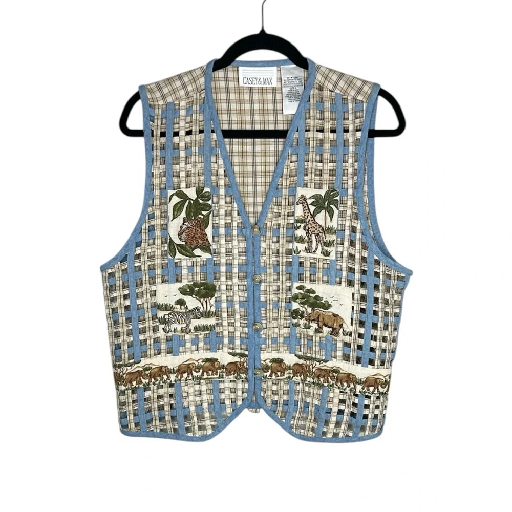 Vintage Casey & Max Patchwork Safari Animals Lattice And Plaid Cotton Linen Vest